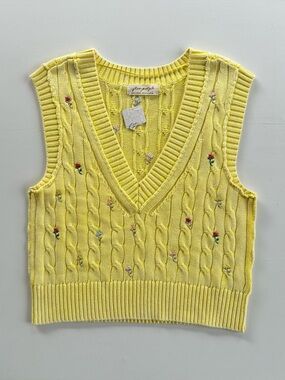 Free People Floral Embroidered Sweater Vest Yellow Cable Knit Women’s Size Small